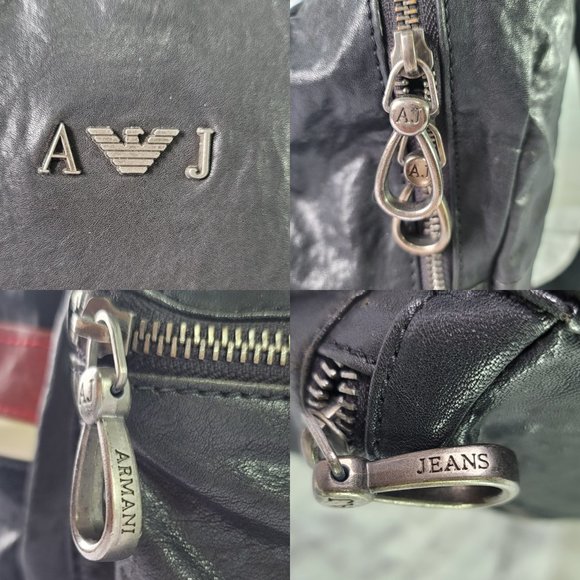 ARMANI JEANS Black Leather Backpack With Red White Stripe on The Side Pocket - Picture 9 of 15